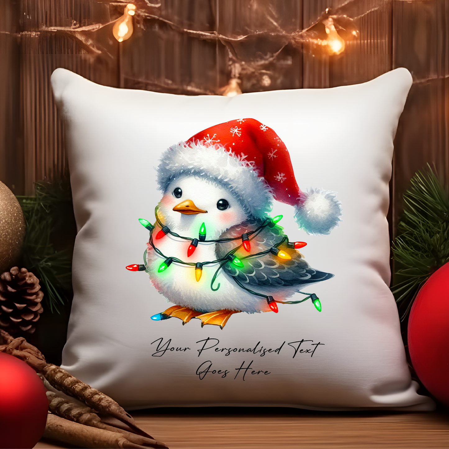 Personalised Seagull in Christmas Lights Cushion Cover Gift - Style C