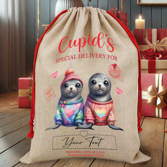 Personalised Animal Couple Love Heart Valentine Anniversary Gift Sack - Seal