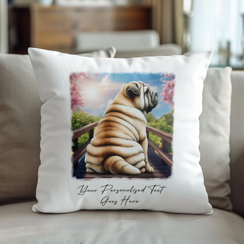 Personalised Shar-Pei – Looking out across a Bridge Pet Gift Cushion, by Floppsie Moppsie – floppsiemoppsie at floppsiemoppsie.co.uk