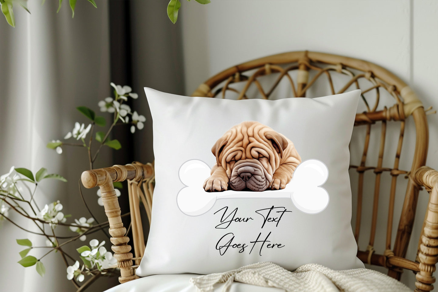 Personalised Shar-Pei sleeping on a bone Pet Dog Keepsake Gift Cushion, by Floppsie Moppsie – floppsiemoppsie at floppsiemoppsie.co.uk