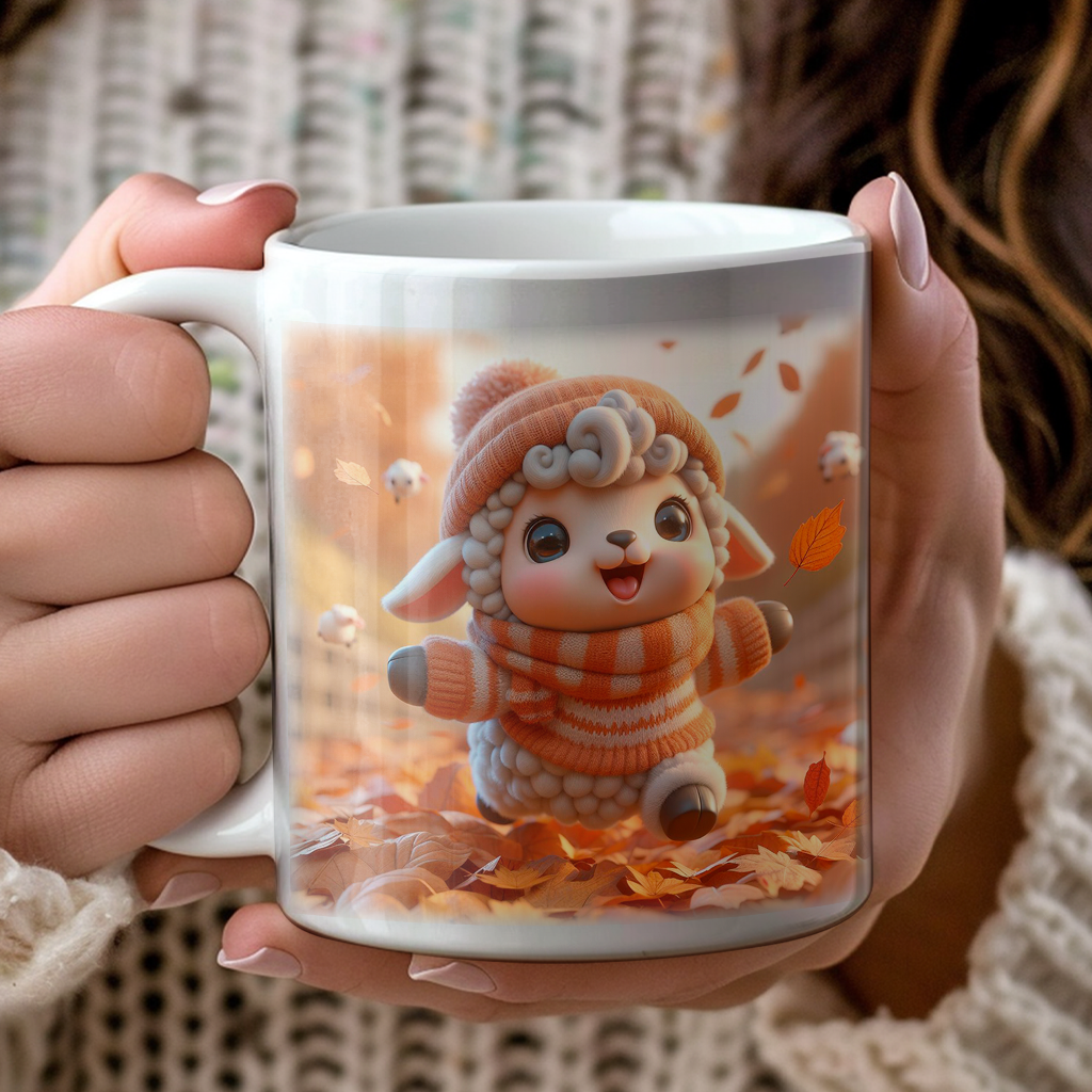 Personalised Cute Sheep Playing in Autumn Leaves - Keepsake Gift Mug, by Floppsie Moppsie – floppsiemoppsie at floppsiemoppsie.co.uk