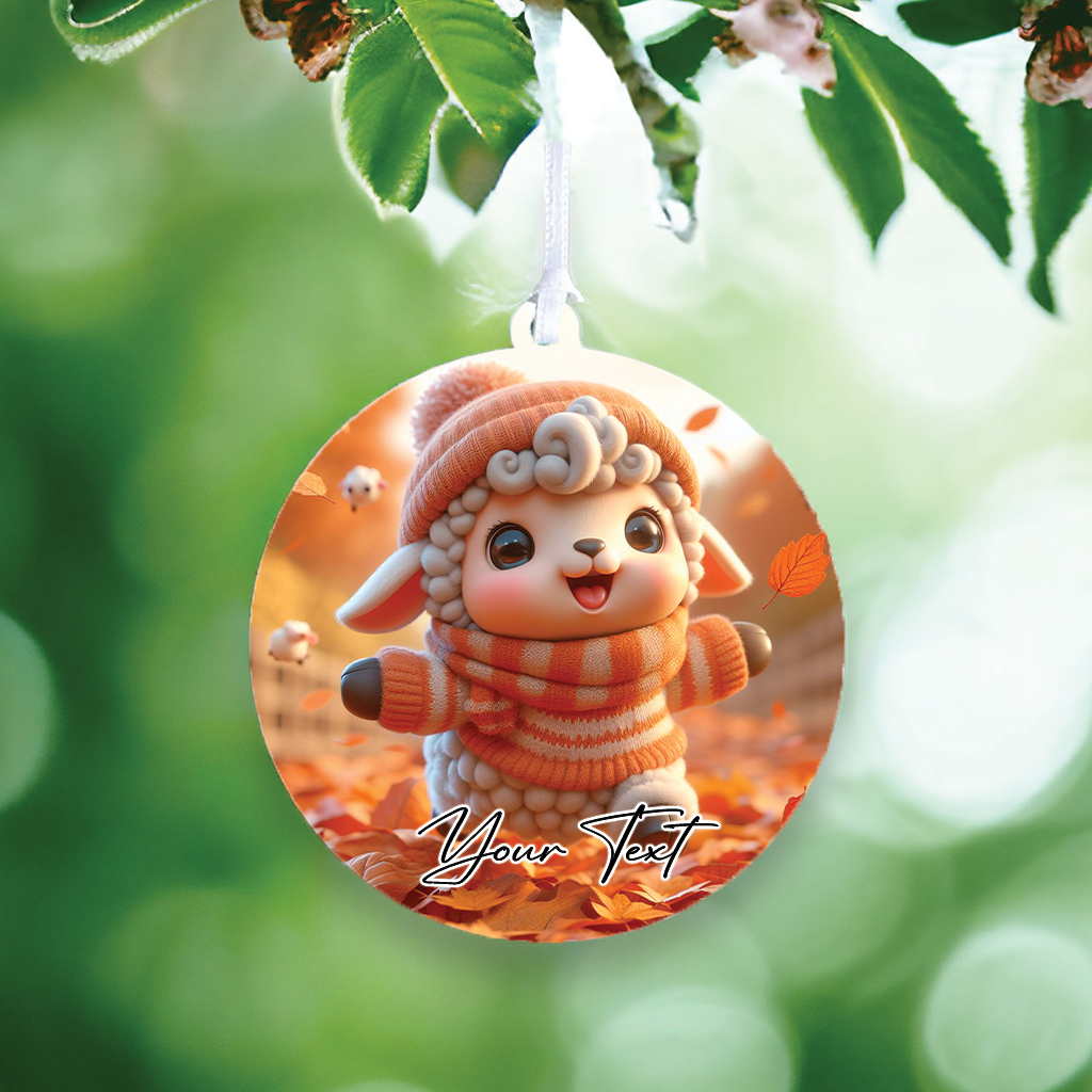 Cute Personalised Sheep playing in the autumn leaves - Keepsake Gift Hanging Decoration, by Floppsie Moppsie – floppsiemoppsie at floppsiemoppsie.co.uk