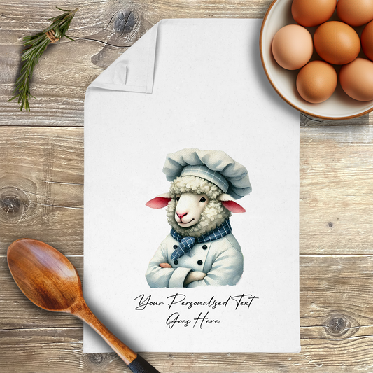 Personalised Watercolour Animal Chef Sheep Tea Towel