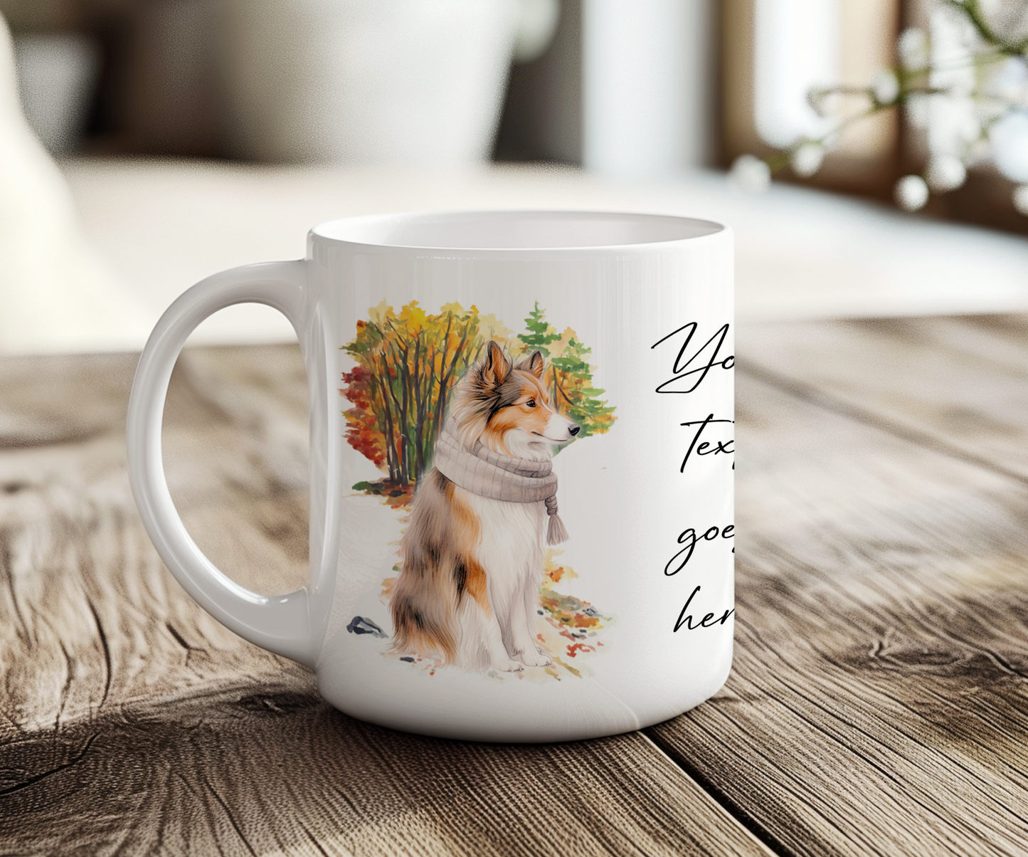 Personalised Shetland Sheepdog Autumn Dog Walk Gift Mug