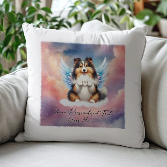 Personalised Dog Memorial Mug of Shetland Sheepdog with wings in clouds making a heart sign - Keepsake Gift Cushion, by Floppsie Moppsie – floppsiemoppsie at floppsiemoppsie.co.uk