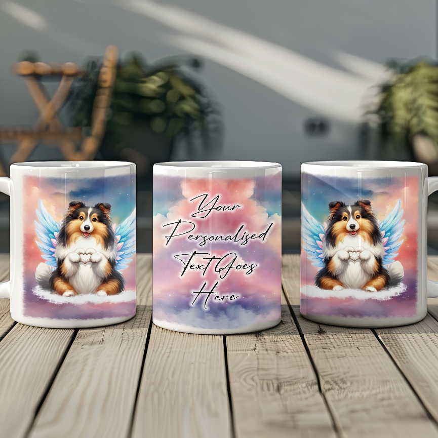 Personalised Dog Memorial Mug of Shetland Sheepdog with wings in clouds making a heart sign - Keepsake Gift Mug, by Floppsie Moppsie – floppsiemoppsie at floppsiemoppsie.co.uk