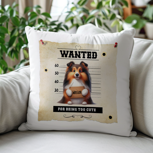 Personalised Dog WANTED Shetland Sheepdog in a line-up - Keepsake Gift Cushion, by Floppsie Moppsie – floppsiemoppsie at floppsiemoppsie.co.uk