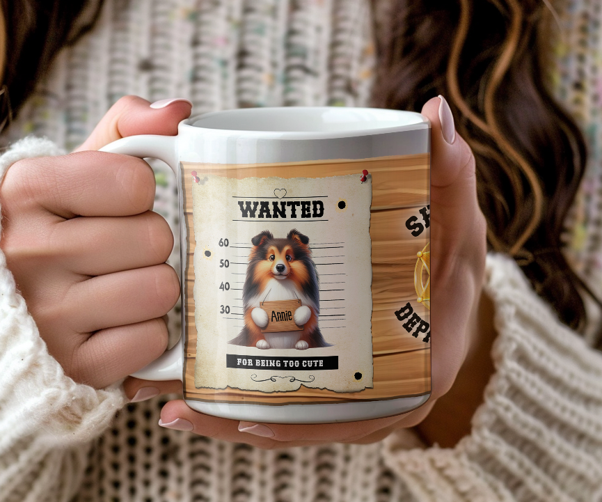 Personalised WANTED Pet Dog mug of a cute Shetland Sheepdog on a wanted poster - Keepsake Gift, by Floppsie Moppsie – floppsiemoppsie at floppsiemoppsie.co.uk