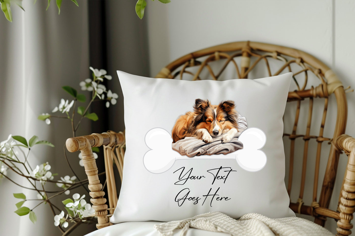 Personalised Shetland Sheepdog sleeping on a bone Pet Dog Keepsake Gift Cushion, by Floppsie Moppsie – floppsiemoppsie at floppsiemoppsie.co.uk