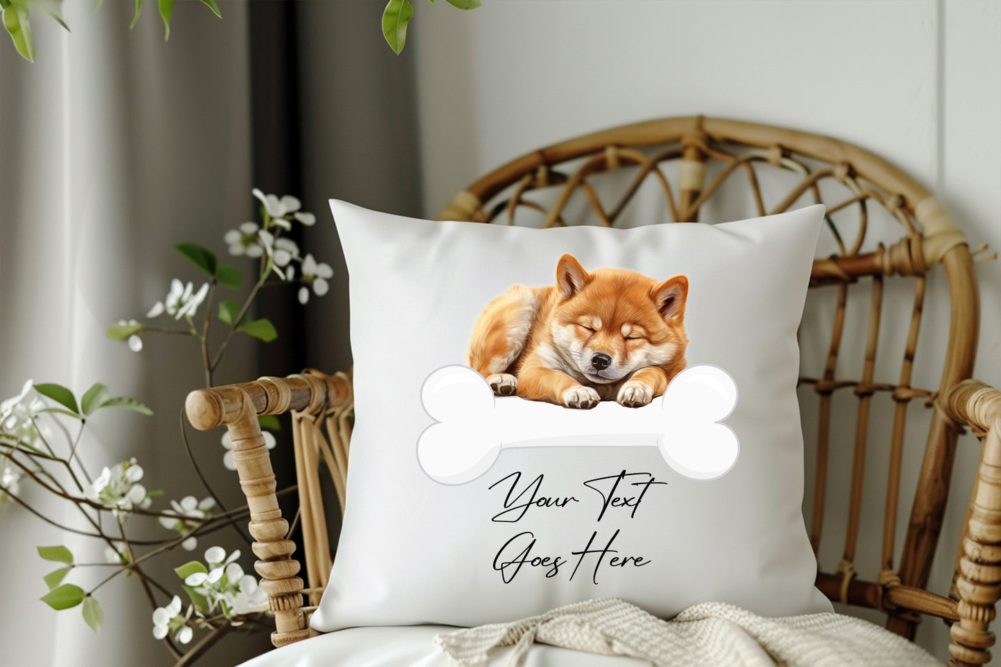 Personalised Shiba Inu sleeping on a bone Pet Dog Keepsake Gift Cushion, by Floppsie Moppsie – floppsiemoppsie at floppsiemoppsie.co.uk