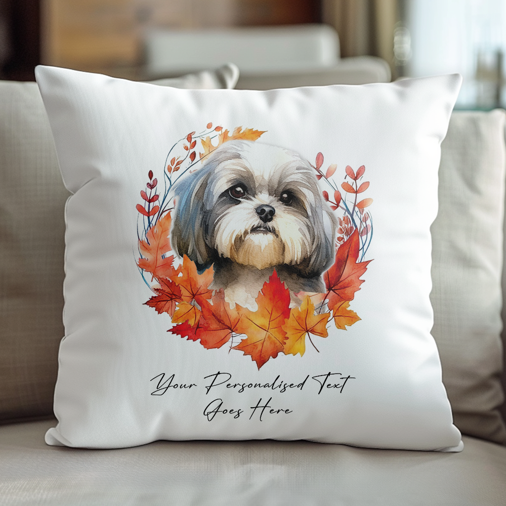 Personalised Shih Tzu in an Autumn wreath - Keepsake Gift cushion, by Floppsie Moppsie – floppsiemoppsie at floppsiemoppsie.co.uk