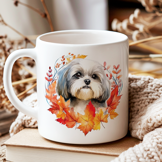 Personalised Shih Tzu in an Autumn wreath - Keepsake Mug, ideal gift for Birthday and Christmas Gift, by Floppsie Moppsie – floppsiemoppsie at floppsiemoppsie.co.uk