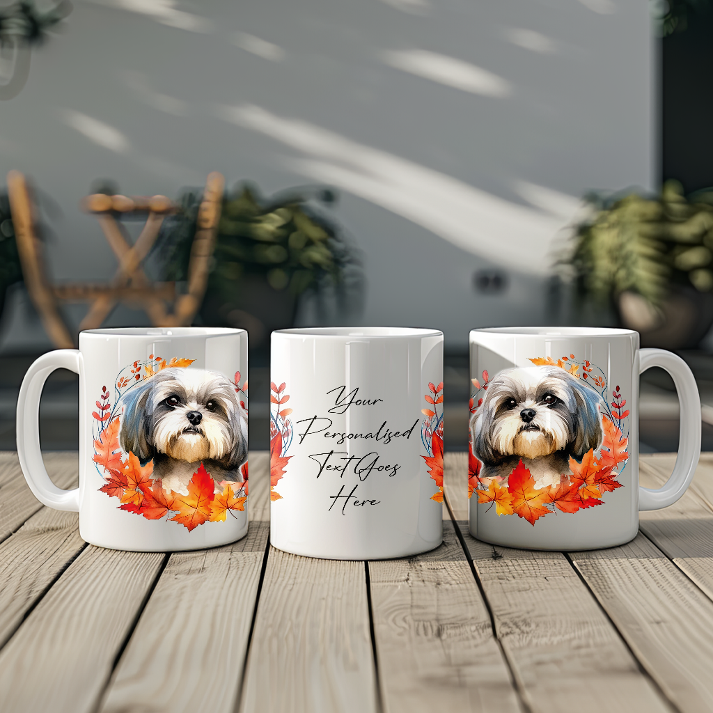 Personalised Shih Tzu in an Autumn wreath - Keepsake Mug, ideal gift for Birthday and Christmas Gift, by Floppsie Moppsie – floppsiemoppsie at floppsiemoppsie.co.uk