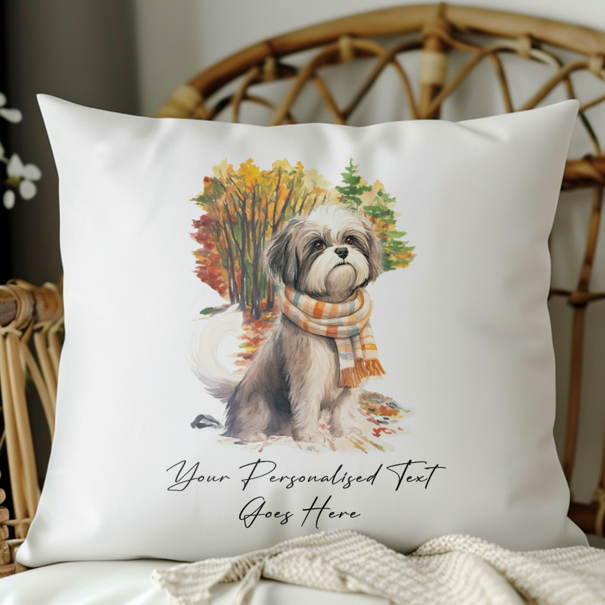 Personalise Shih Tzu – on an Autmn Winter Walk wearing a scarf Pet Gift Cushion, by Floppsie Moppsie – floppsiemoppsie at floppsiemoppsie.co.uk