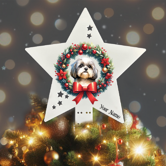 Personalised Pet Dog Shih Tzu wreath Christmas Tree Topper - Keepsake Gift, by Floppsie Moppsie – floppsiemoppsie at floppsiemoppsie.co.uk

