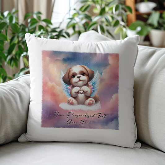 Personalised Dog Memorial Mug of Shih Tzu with wings in clouds making a heart sign - Keepsake Gift Cushion, by Floppsie Moppsie – floppsiemoppsie at floppsiemoppsie.co.uk