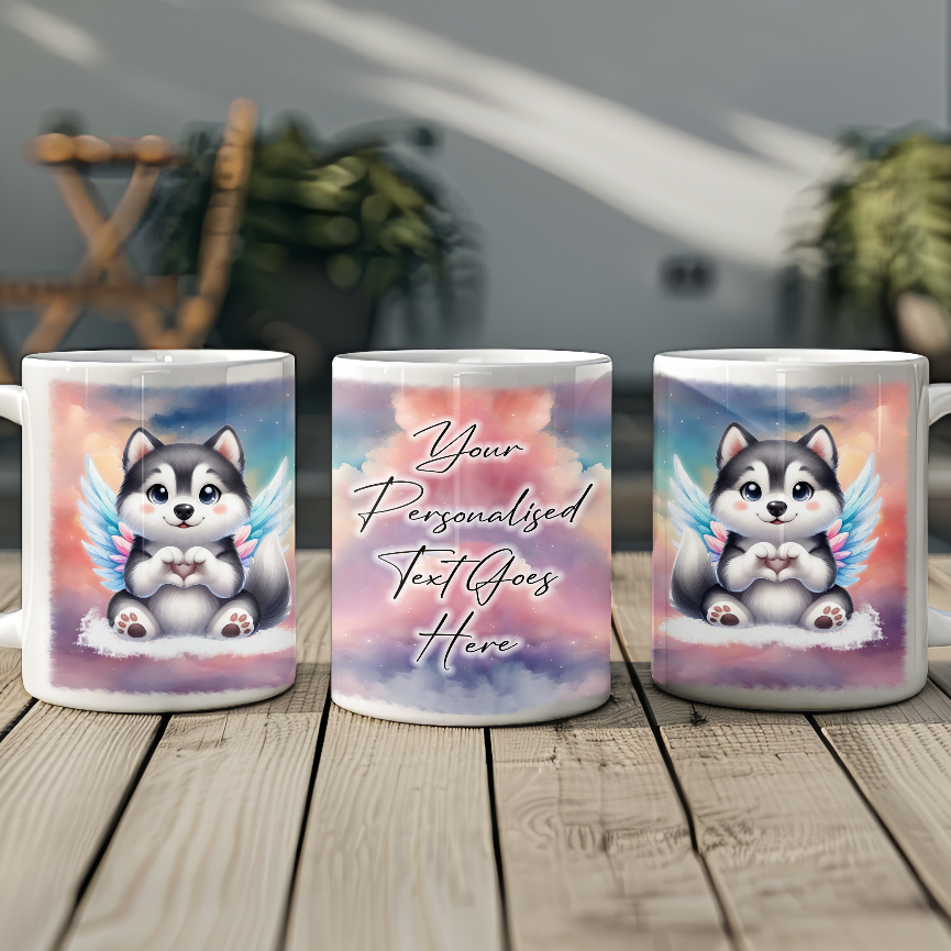 Personalised Dog Memorial Mug of Shih Tzu with wings in clouds making a heart sign - Keepsake Gift Mug, by Floppsie Moppsie – floppsiemoppsie at floppsiemoppsie.co.uk