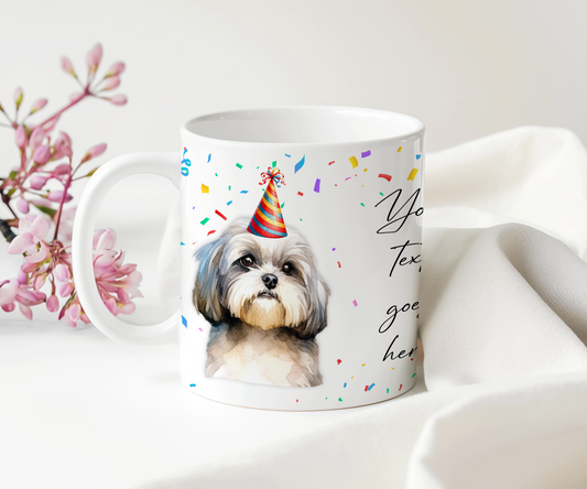 Personalised Dog Gift Mug - Shih Tzu with Birthday Congratulations Party Hat