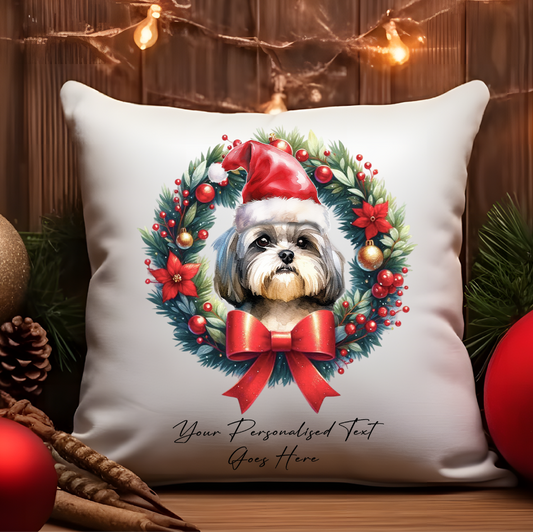 Personalised Shih Tzu with Santa Hat in a Christmas wreath - Keepsake Gift cushion, by Floppsie Moppsie – floppsiemoppsie at floppsiemoppsie.co.uk