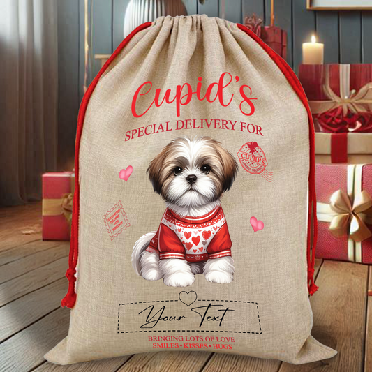 Personalised Dog Love Heart Valentine Anniversary Gift Sack - Shih Tzu