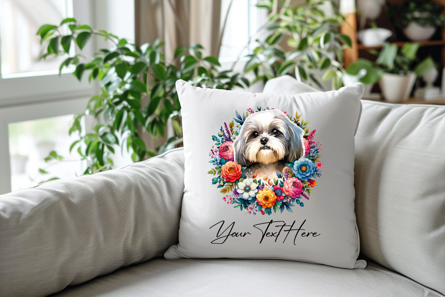 Personalised Floral Summer Pet Dog Wreath with Shih Tzu - Keepsake Gift Cushion, by Floppsie Moppsie – floppsiemoppsie at floppsiemoppsie.co.uk