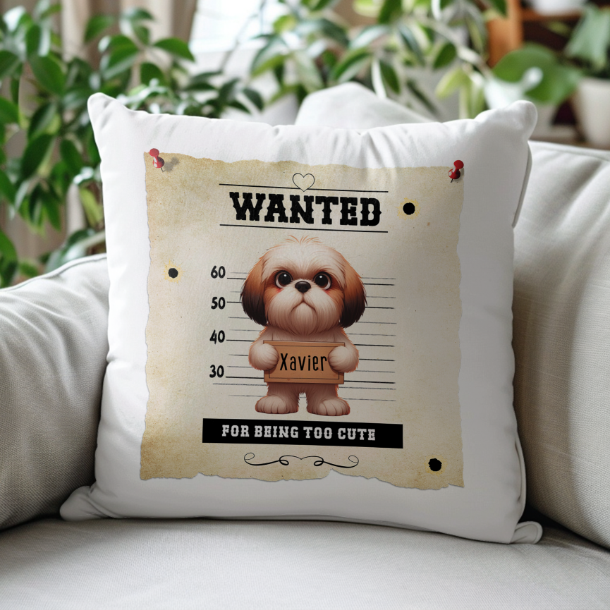 Personalised Dog WANTED Shih Tzu in a line-up - Keepsake Gift Cushion, by Floppsie Moppsie – floppsiemoppsie at floppsiemoppsie.co.uk