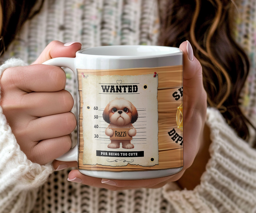 Personalised WANTED Pet Dog mug of a cute Shih Tzu on a wanted poster - Keepsake Gift, by Floppsie Moppsie – floppsiemoppsie at floppsiemoppsie.co.uk