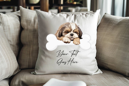 Personalised Shih Tzu sleeping on a bone Pet Dog Keepsake Gift Cushion, by Floppsie Moppsie – floppsiemoppsie at floppsiemoppsie.co.uk