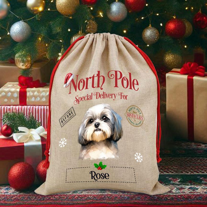 Personalised Dog Shih Tzu – North Pole Special Delivery Santa Sack Pet Gift, by Floppsie Moppsie – floppsiemoppsie at floppsiemoppsie.co.uk