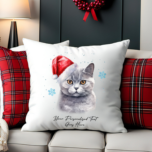 Personalised Cat Christmas British Shorthair in Santa Hat - Cushion Cover Gift