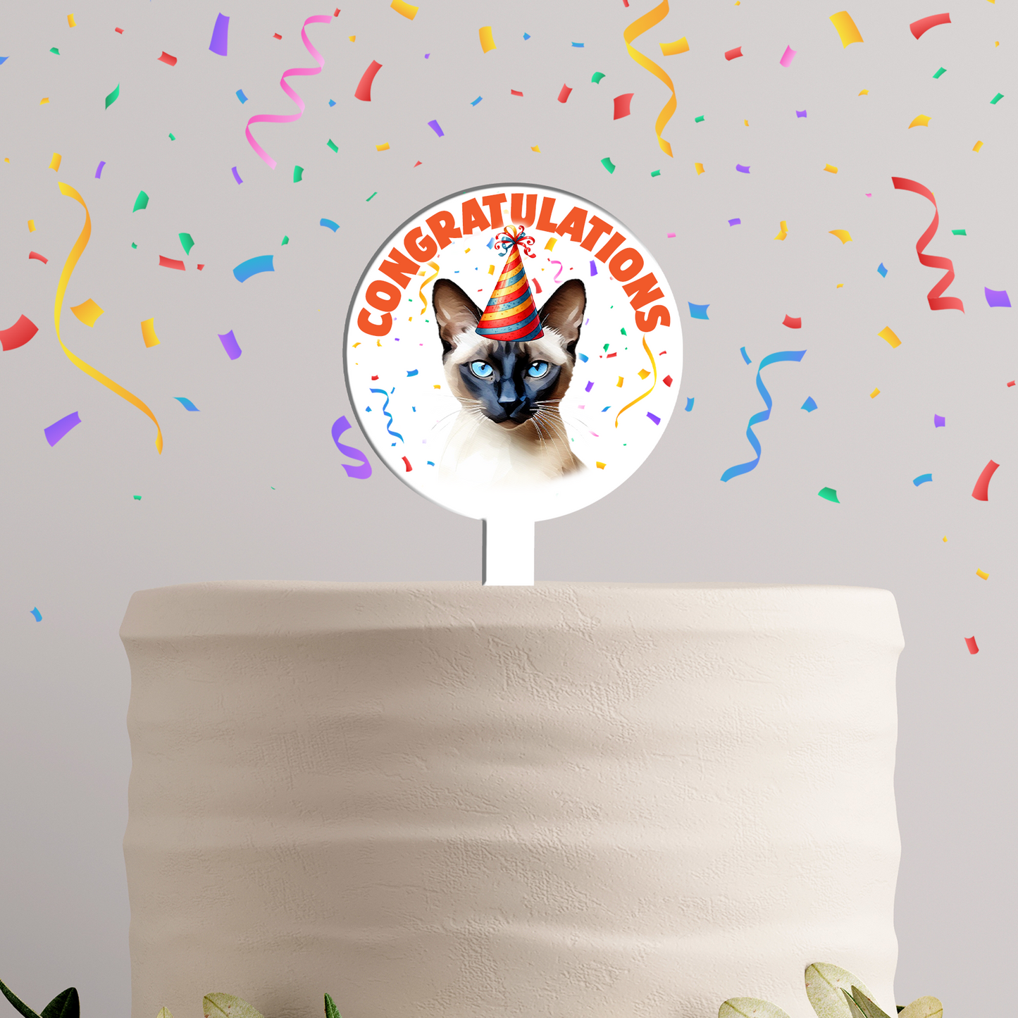 Personalised Cat Party Hat Cake Topper - Siamese