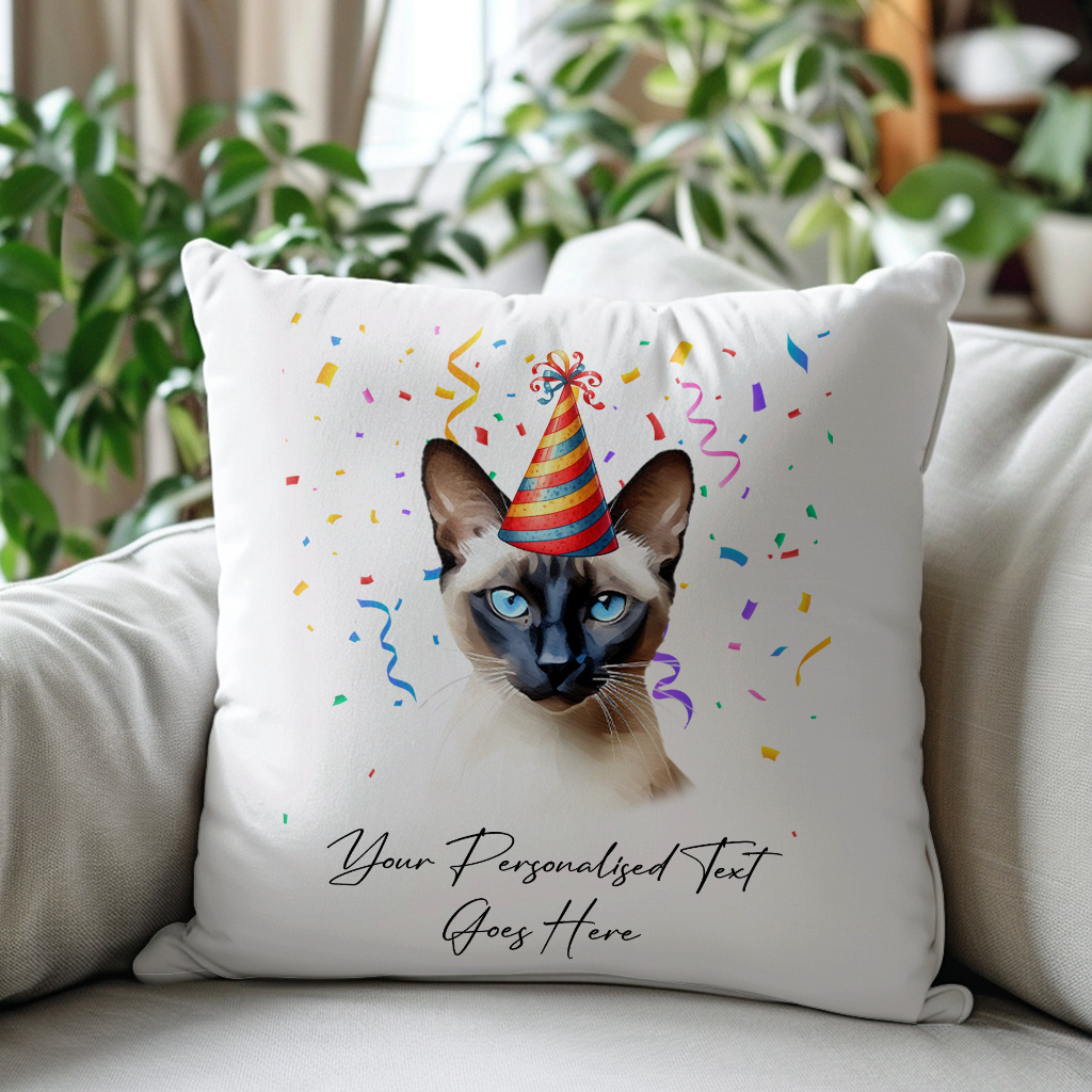 Personalised Siamese Birthday Party Hat Cat - Cushion Cover Gift