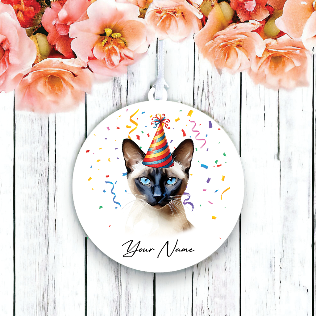 Personalised Siamese Cat Birthday Party Hat - Hanging Bauble Decoration