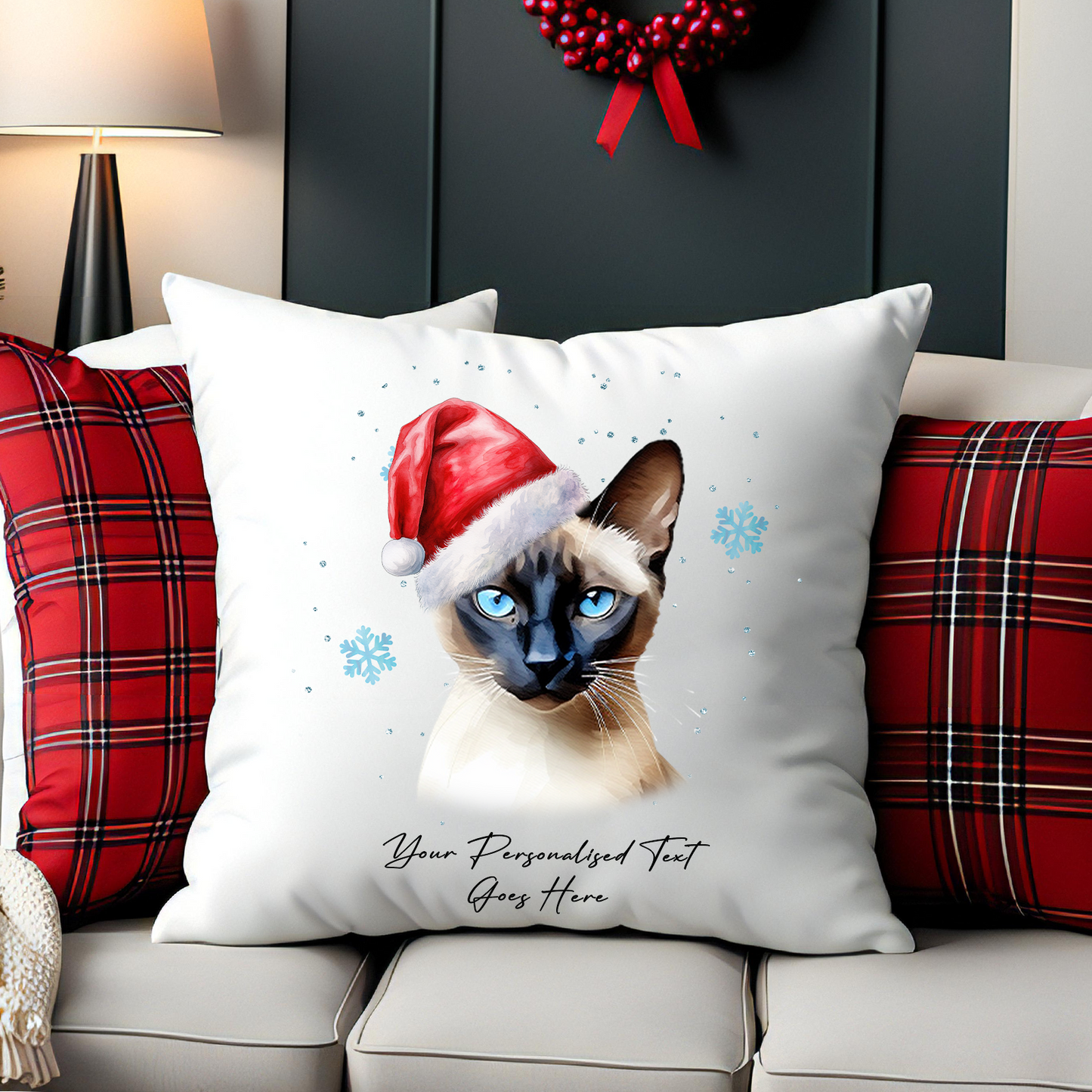 Personalised Cat Christmas Siamese in Santa Hat - Cushion Cover Gift