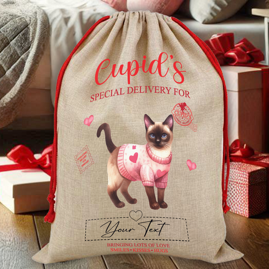 Personalised Cat Love Heart Valentine Anniversary Gift Sack - Siamese