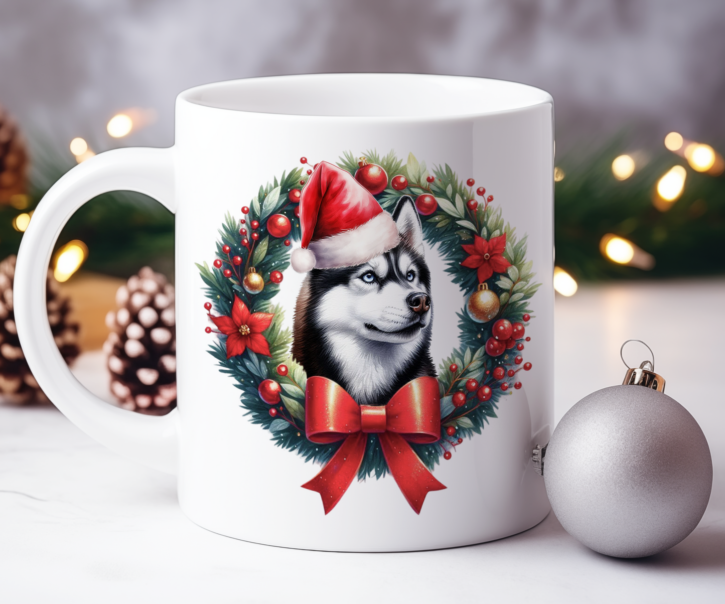 Personalised Husky Dog Christmas Wreath Gift Mug