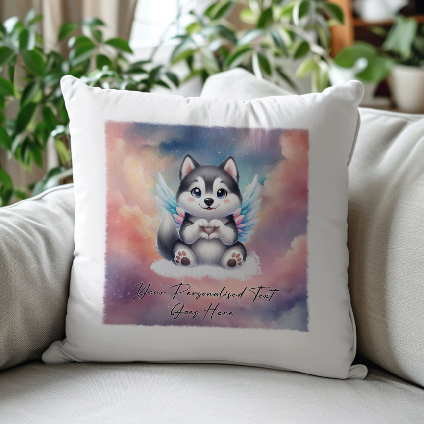 Personalised Dog Memorial Mug of Siberian Husky with wings in clouds making a heart sign - Keepsake Gift Cushion, by Floppsie Moppsie – floppsiemoppsie at floppsiemoppsie.co.uk