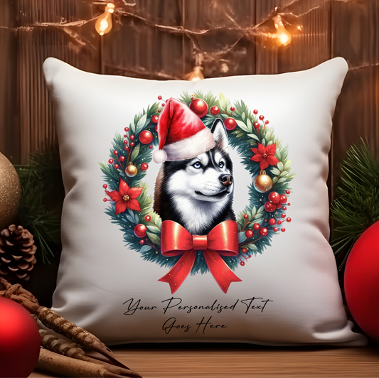 Personalised Husky with Santa Hat in a Christmas wreath - Keepsake Gift cushion, by Floppsie Moppsie – floppsiemoppsie at floppsiemoppsie.co.uk