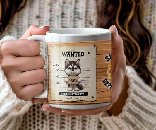 Personalised WANTED Pet Dog mug of a cute Siberian Husky on a wanted poster - Keepsake Gift, by Floppsie Moppsie – floppsiemoppsie at floppsiemoppsie.co.uk