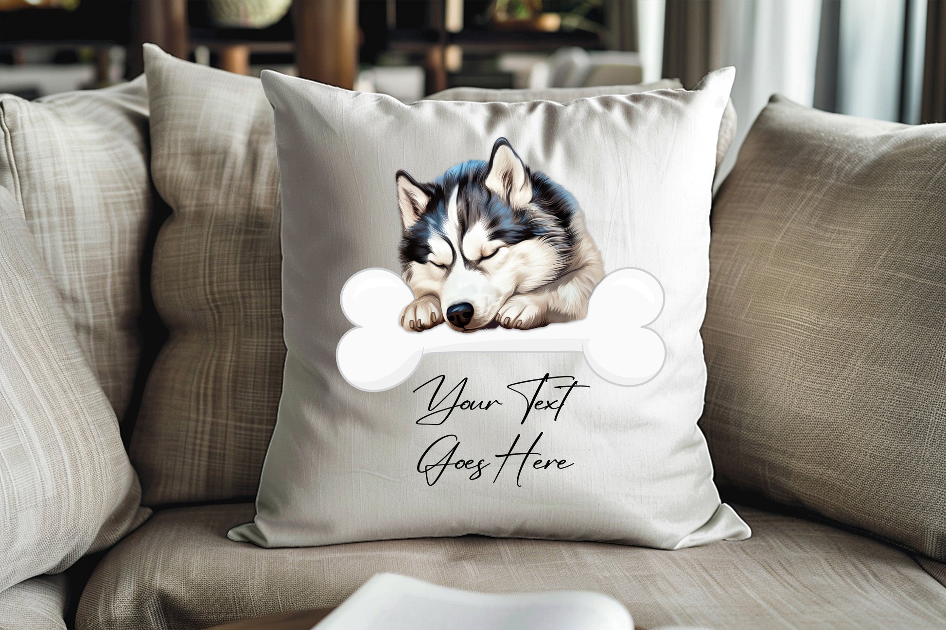 Personalised Siberian Husky sleeping on a bone Pet Dog Keepsake Gift Cushion, by Floppsie Moppsie – floppsiemoppsie at floppsiemoppsie.co.uk