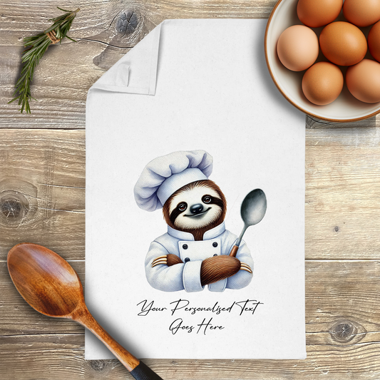 Personalised Watercolour Animal Chef Sloth Tea Towel