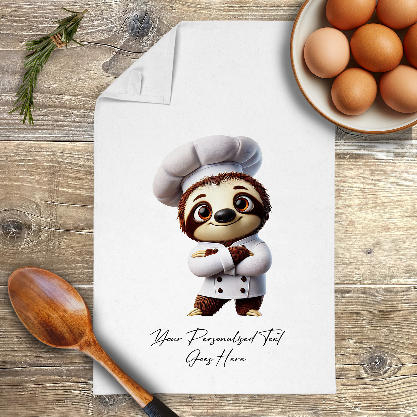 Personalised Toon Animal Chef Sloth Tea Towel