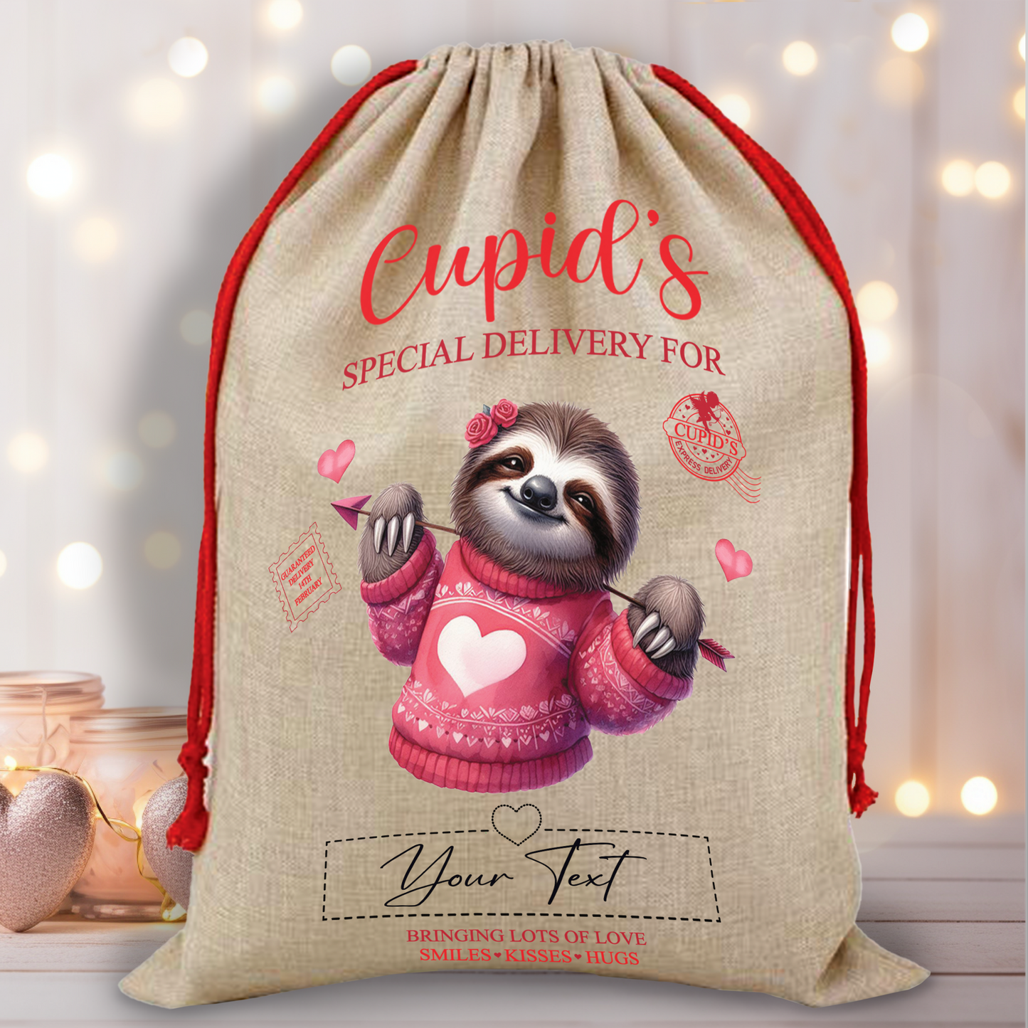 Personalised Animal Love Heart Valentine Anniversary Gift Sack - Sloth Arrow