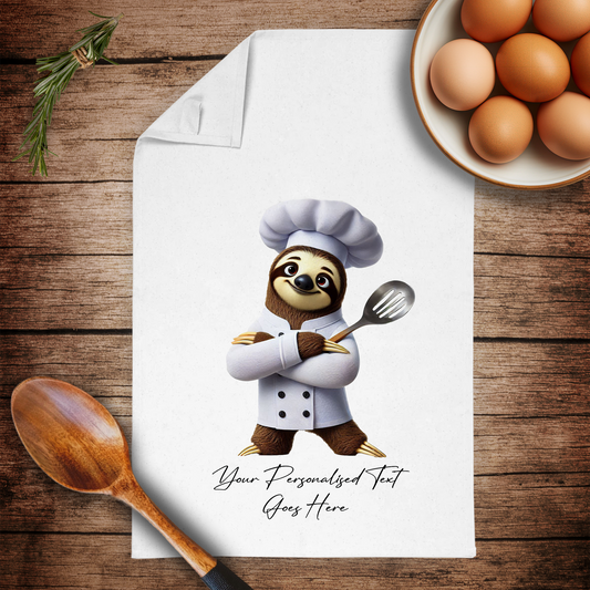 Personalised Toon Animal Chef Sloth Tea Towel B