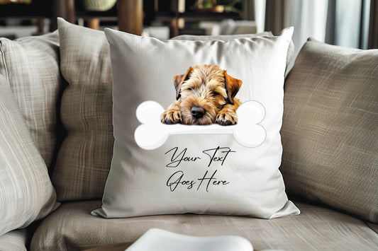 Personalised Soft Coated Wheaten Terrier sleeping on a bone Pet Dog Keepsake Gift Cushion, by Floppsie Moppsie – floppsiemoppsie at floppsiemoppsie.co.uk