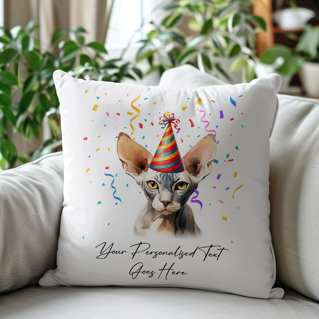 Personalised Sphynx Birthday Party Hat Cat - Cushion Cover Gift