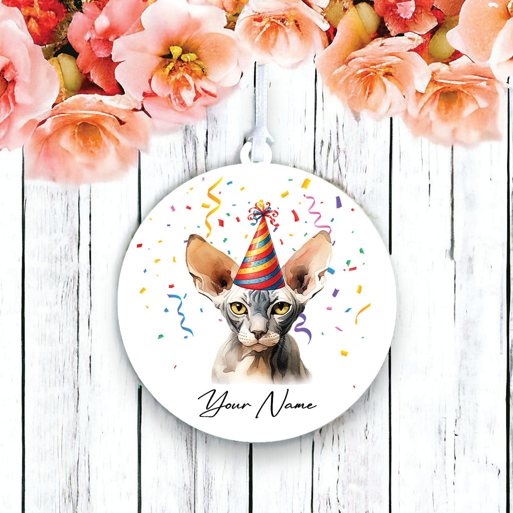 Personalised Sphynx Cat Birthday Party Hat - Hanging Bauble Decoration