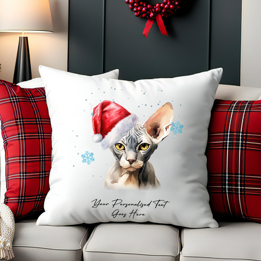 Personalised Cat Christmas Sphynx in Santa Hat - Cushion Cover Gift