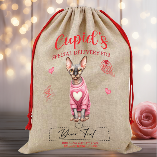 Personalised Cat Love Heart Valentine Anniversary Gift Sack - Sphynx