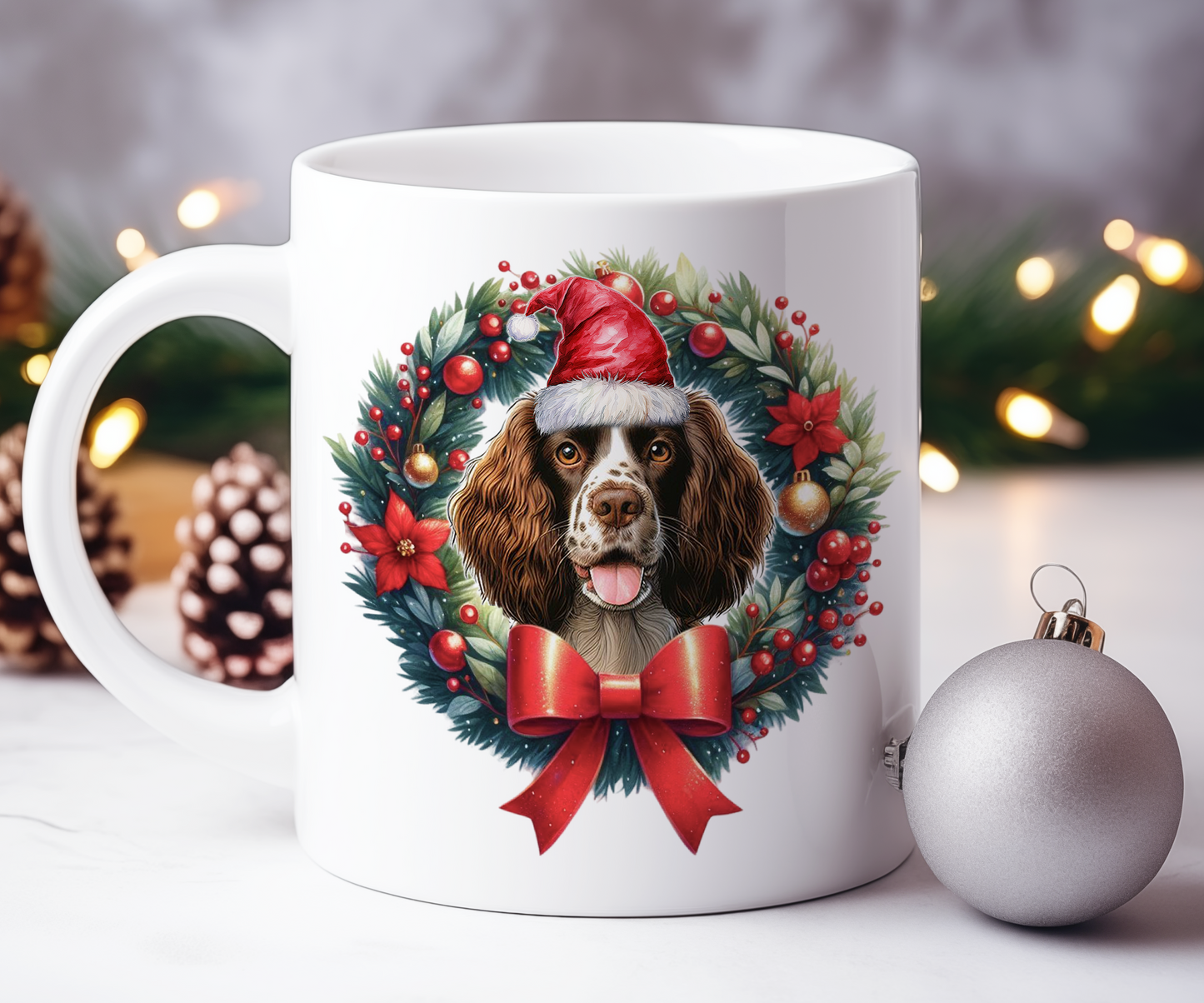 Personalised Welsh Springer Spaniel Dog Christmas Wreath Gift Mug